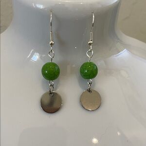 Green Beaded Silver Dangle Earrings